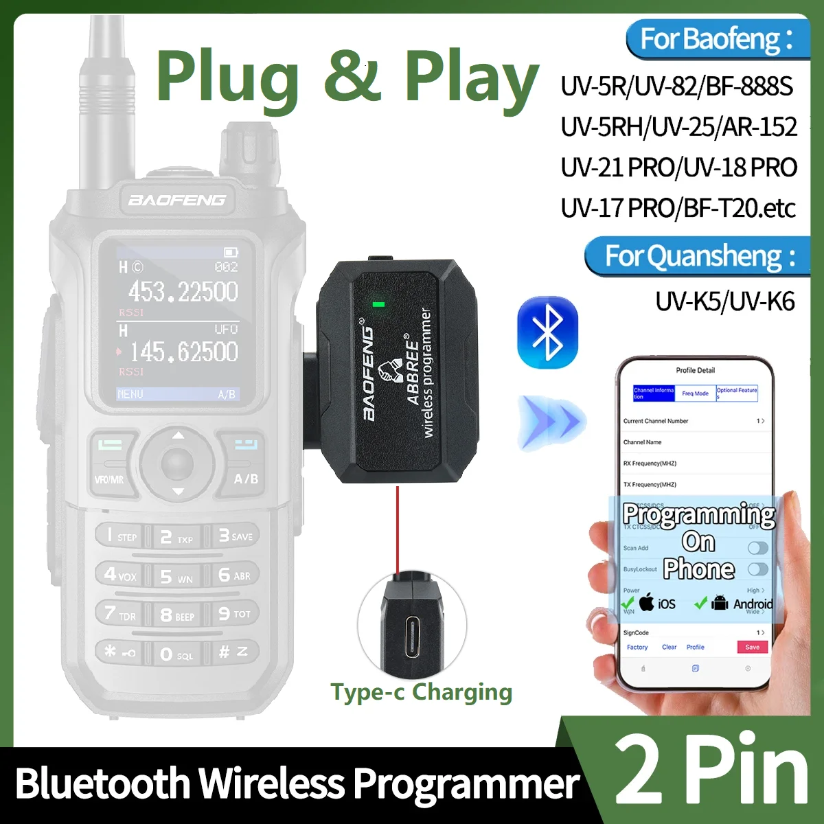 Walkie Talkie Programmer Bluetooth Wireless Program Plug & Play No Driver Issue Phone APP Programming for UV-5RH UV-21 Quansheng