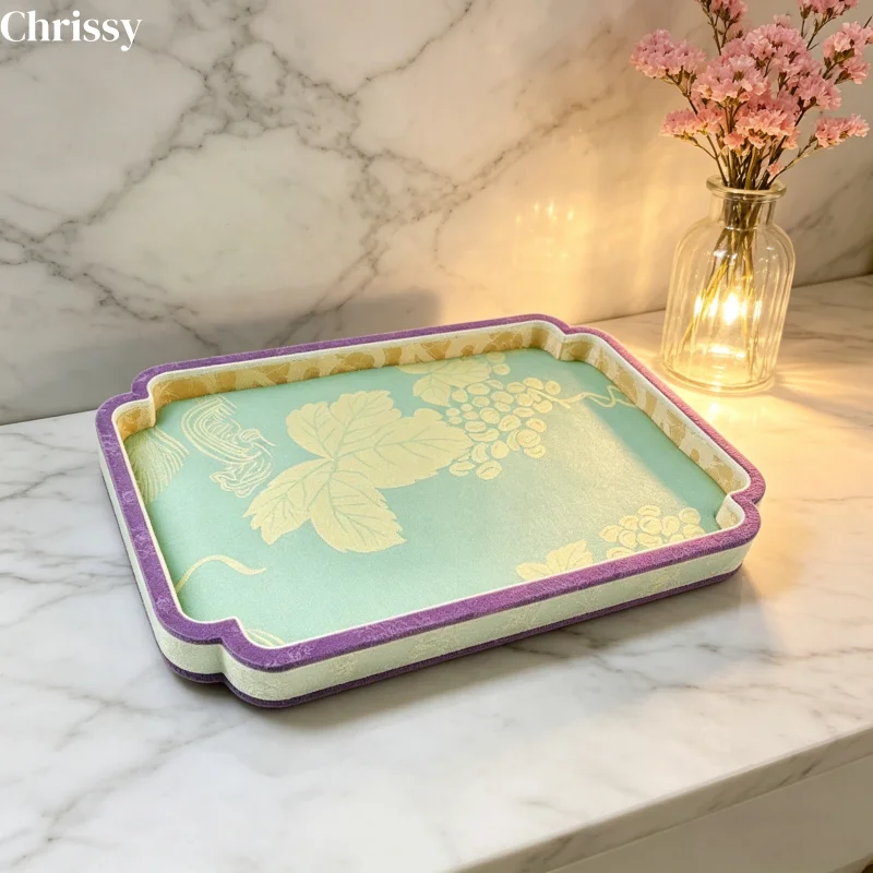 High-End Embroidered Jewelry Tray, Chinese Style Appraisal Plate for Jade Pendant & Bangle, Velvet Storage Organizer