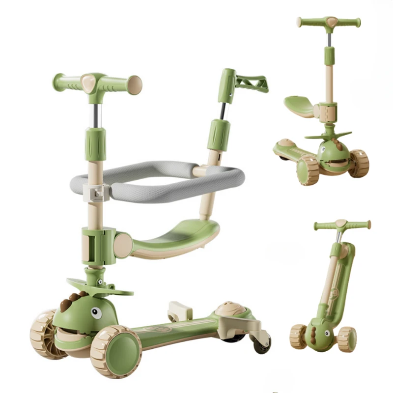 

6-in-1 Kids Kick Scooter with LED Lighted Wheels Push Handle Handrail Adjustable Height Reversible Seat 3 Wheel Scooter for Kids