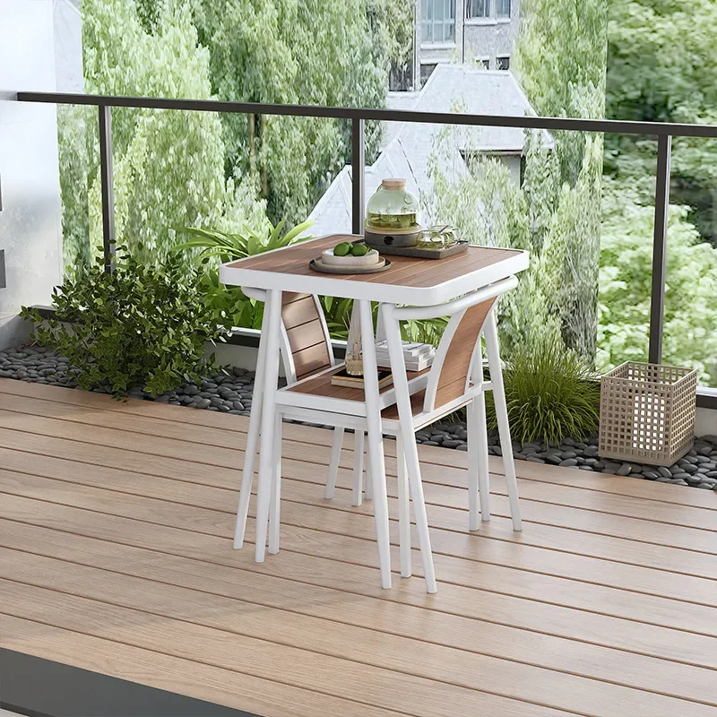Outdoor Balcony Table and Chair Set 3 Piece Leisure Tea Table Combo with 2 Chairs Small Apartment Plastic Wood Furniture