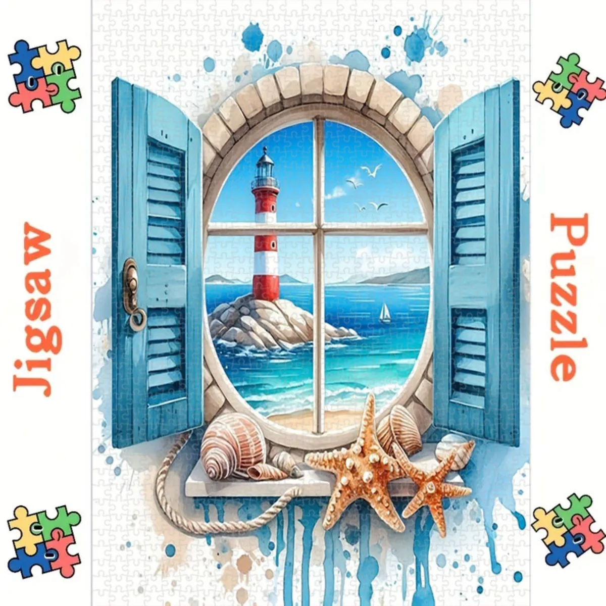 

A 1, 000pcs of Puzzleshalloween Coastal Scene Puzzle for Living Room Decor, Blue Frame with Seashells And Starfish, Durable Ca