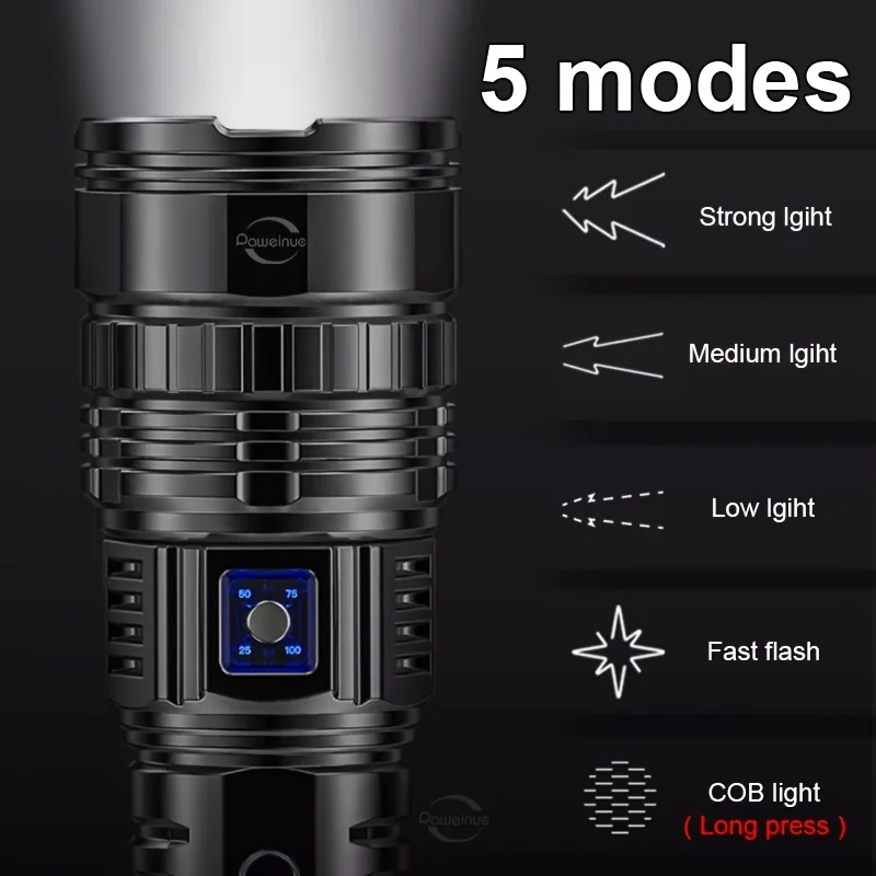 Built-in Battery Flash Light Emergency Spotlights 4km 10000LM 800W Most Powerful Led Flashlights Tactical 15000mah