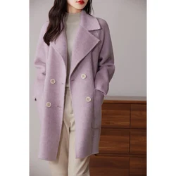 Double-Sided Cashmere Coat for Women, Mid-length Suit Tie, Double-Breasted, 100% Pure Wool Style