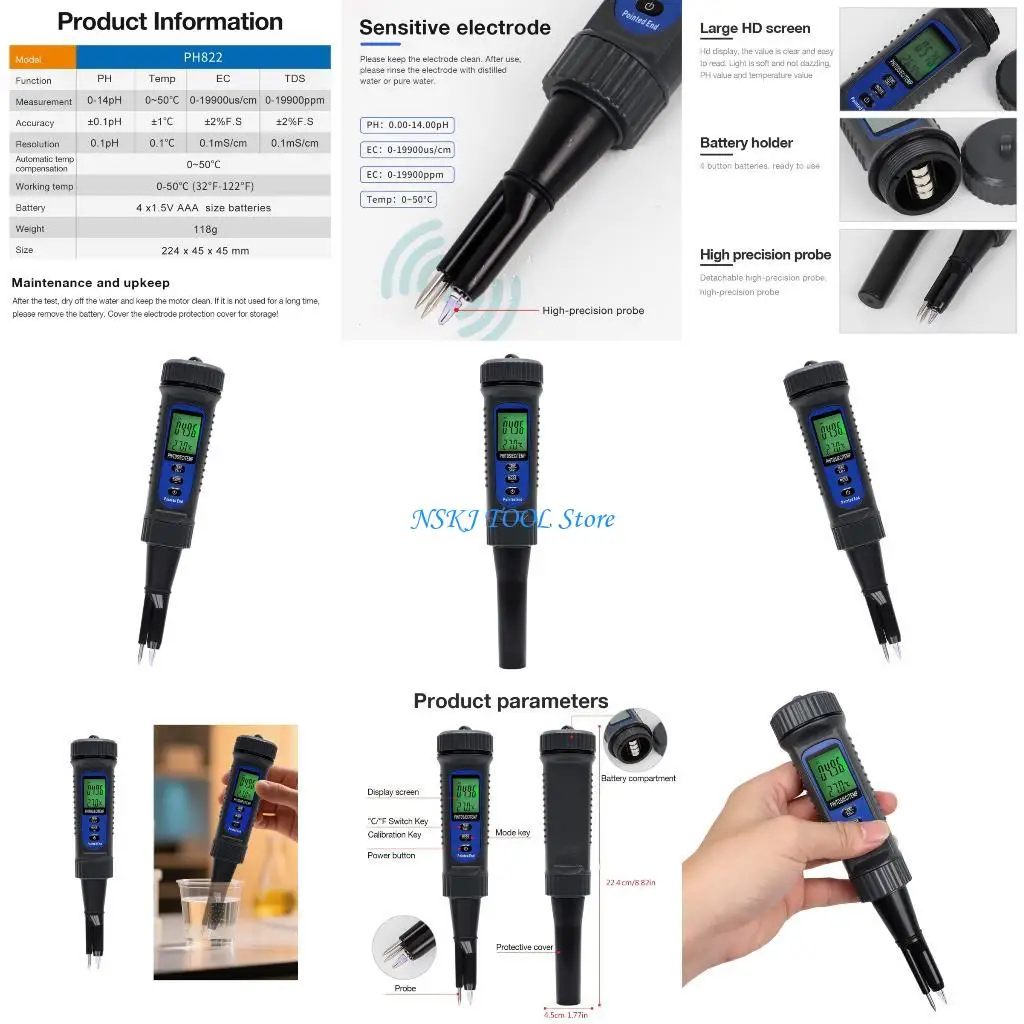 

L8RC 4 in 1 Tester Accurate Water Quality Analysis Tool with LCD Display Water Testing Device ABS for TDS Temp