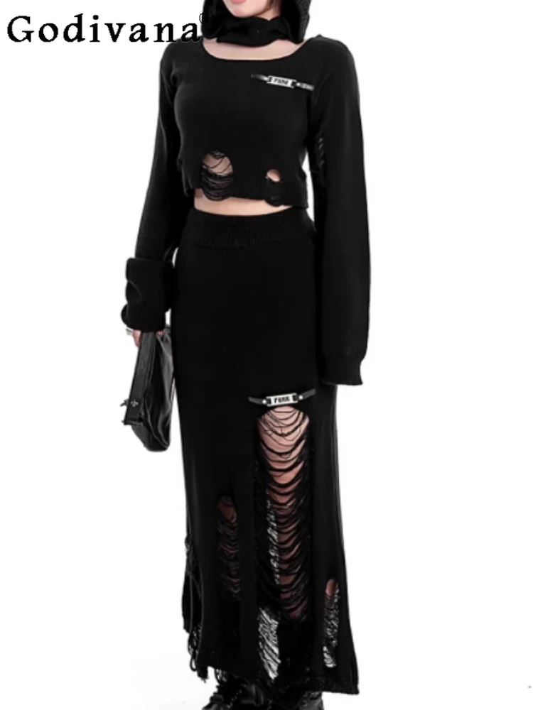 Herfst Winter Punk Persoonlijkheid Meisjes Fishtail Gebreide Lange Rok Zwarte Hoge Taille Mode Veelzijdige Holle Straat Rokken