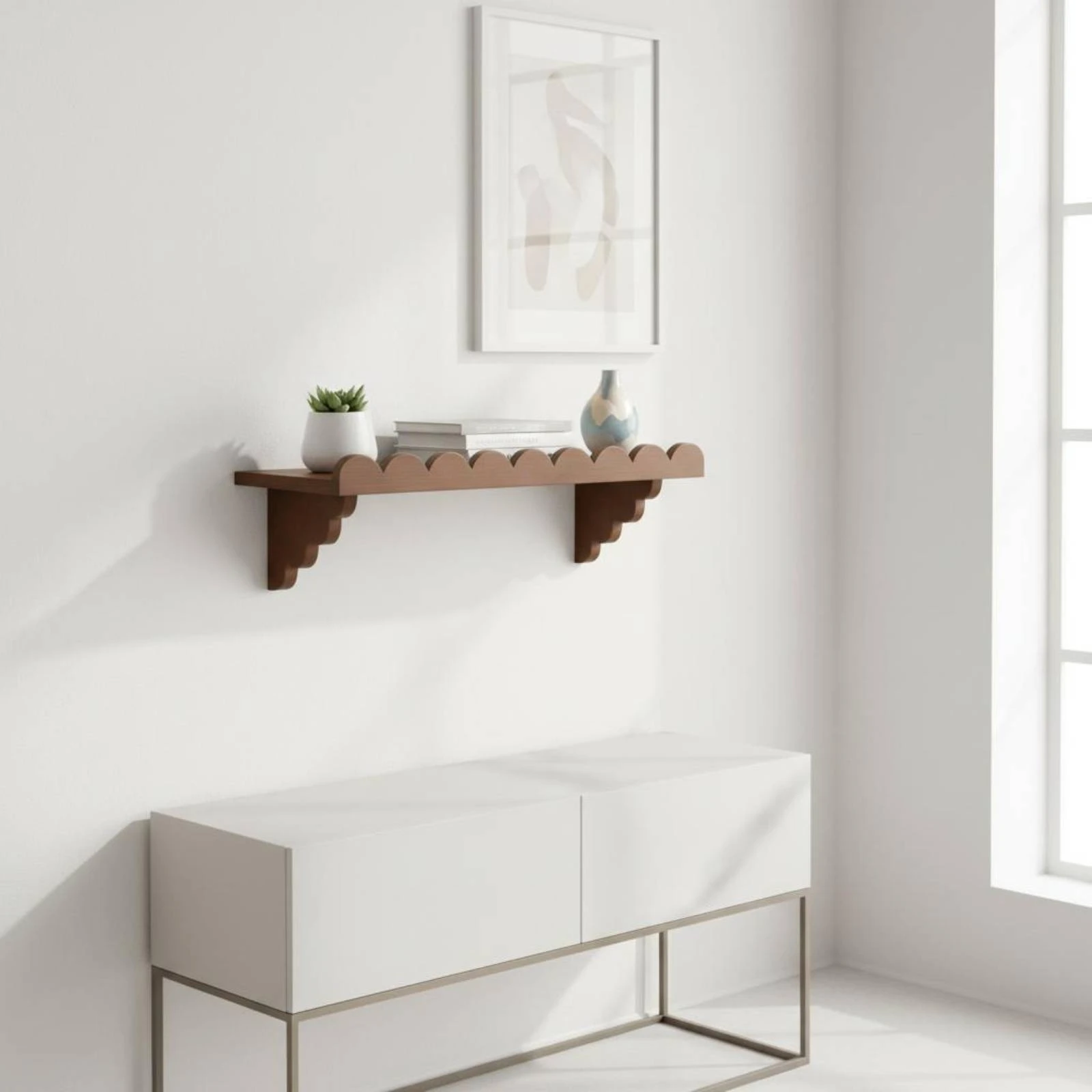 4 Pieces Scalloped Shelf Natural Wood Tone Wavy Wall Shelf Wall Mounted Bookshelf Decorative Home Storage
