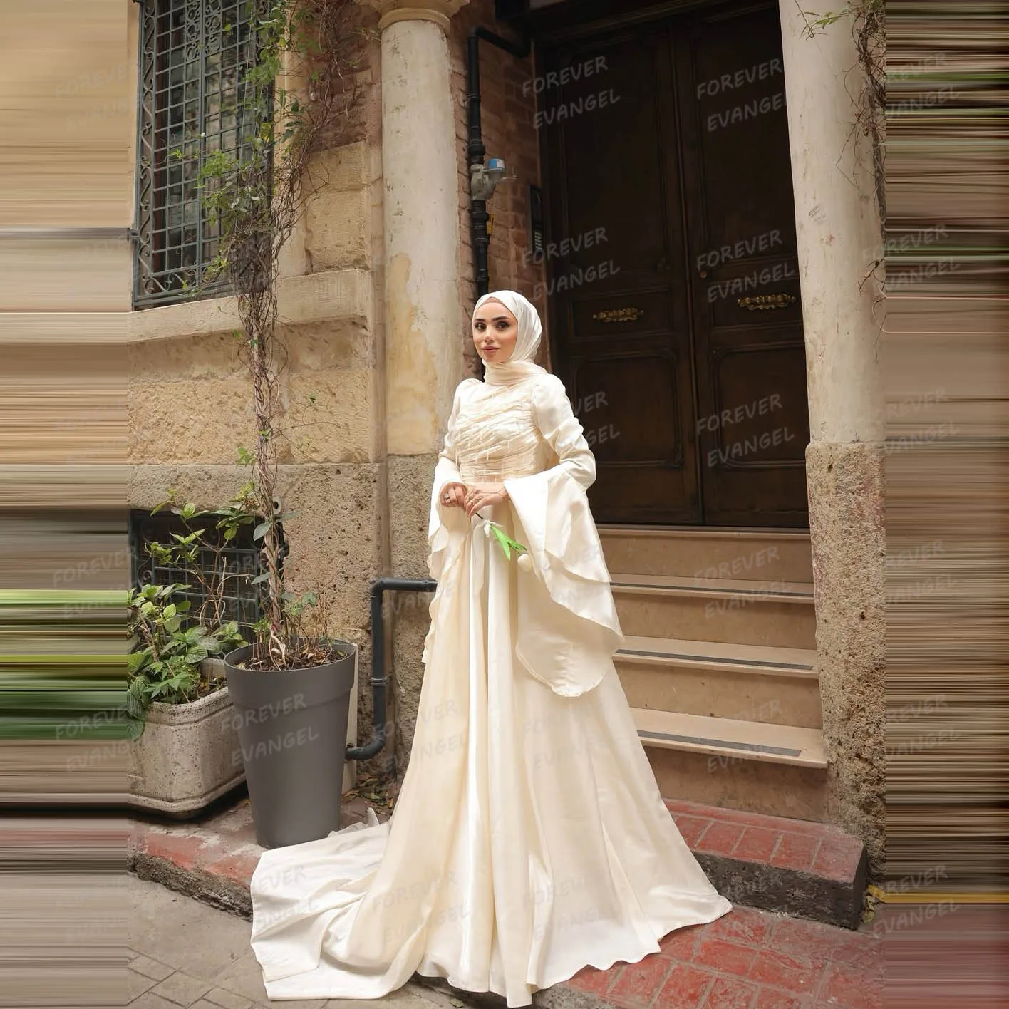 

Simple A Line Wedding Dresses Woman Flare Sleeve Bridal Gowns Sweep Train Formal Sweep Train Satin Vestidos De Novia Customized