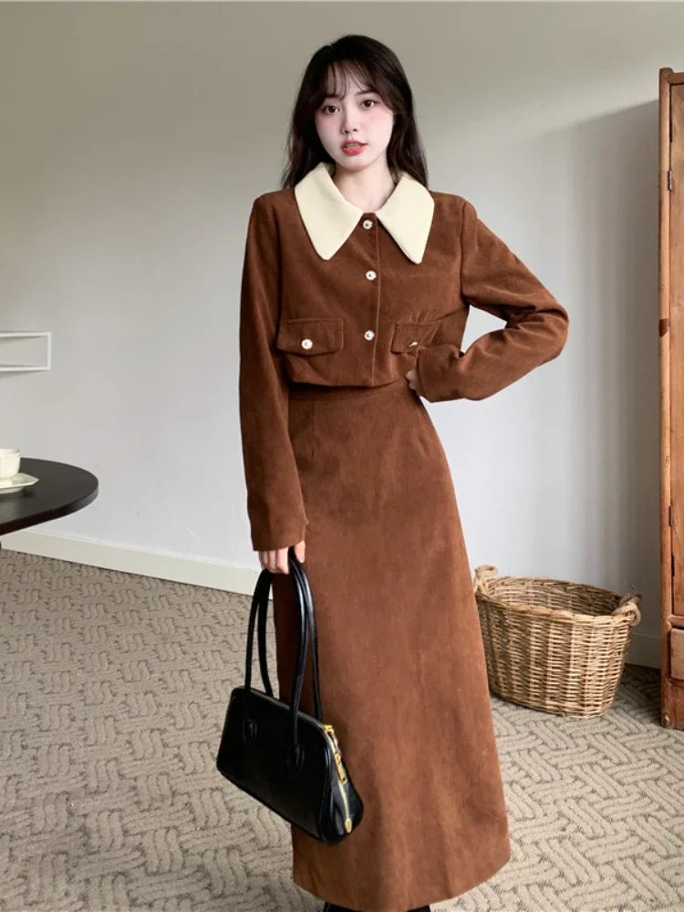 Fashion Two Piece Set Autumn New Corduroy Versatile Solid Lapel Button Pocket Small Fragrant Coat Slim A-line Half Length Skirt