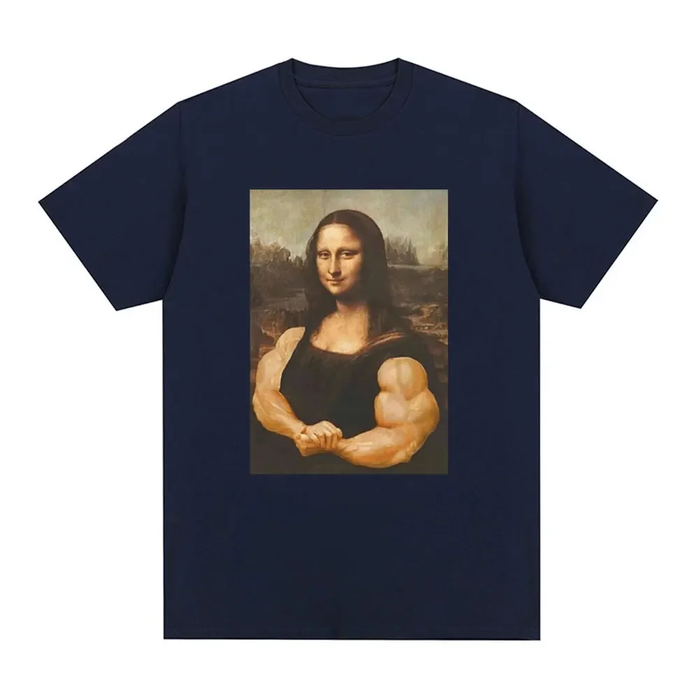 Funny Mona Lisa Fitness T-shirt Muscles Gym Casual Graphic Short Sleeve T-shirts Unisex Fashion Cotton Casual Oversized T Shirt