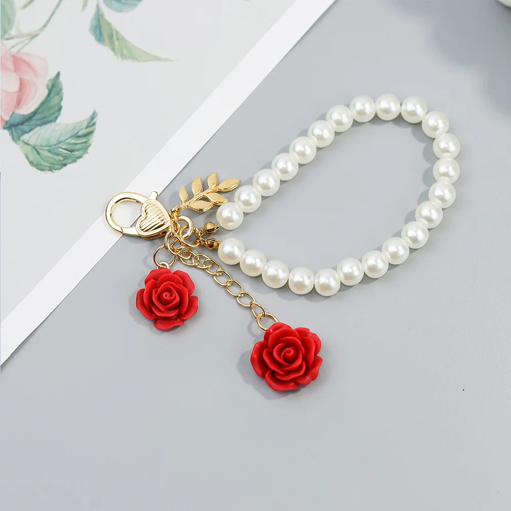 Fashion Rose Tassel Keychains Elegant Imitation Pearl Wristband Keyrings Women Handbag Phone Ornaments Accessories Jewelry Gifts