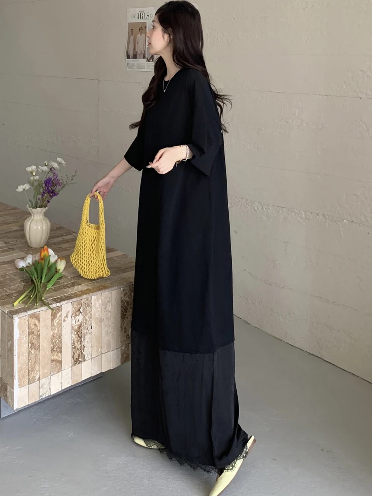 NYFS 2025 الكورية نمط المرأة الصيف فضفاض حجم كبير الدانتيل المرقعة قصيرة الأكمام إلكتروني طباعة فستان طويل رداء Elbise