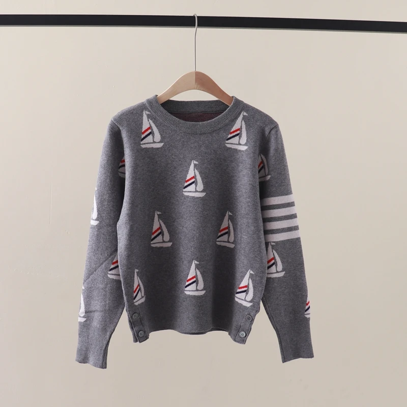 Autumn and Winter New TB Academy Style Full body Sailing Jacquard Round Neck Pullover Knitwear Versatile Bottom Sweater