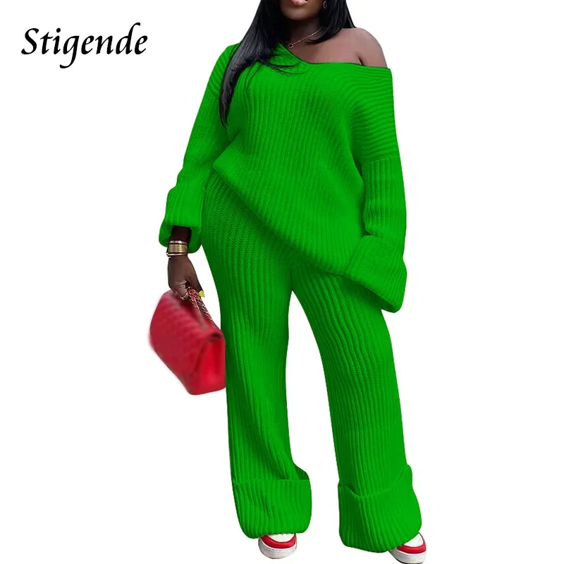 

Stigende Winter Warm Loose Fit 2 Piece Knit Outfit Set Women 3XL Sweater Two Piece Set Flare Sleeve Jumpers and Pants