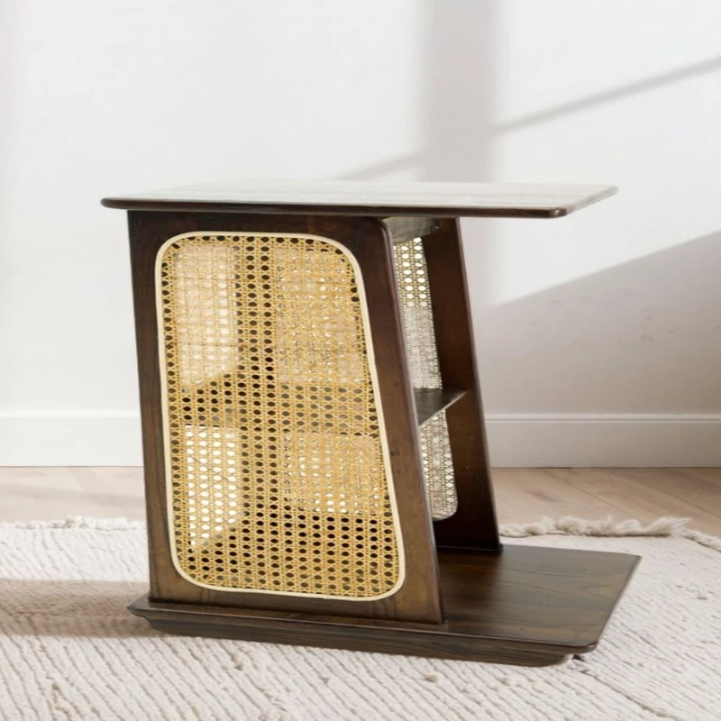 

Coffee table sofa bed side few antique mobile new Chinese style solid wood retro bedroom bedside table shelf woven rattan