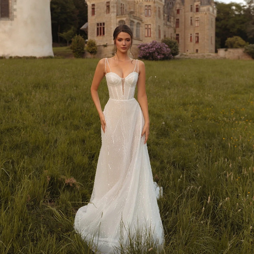 

Customized Beading Wedding Dresses 2025 Bride Luxury Spaghetti Straps A-Line Boho Bride Gowns vestidos de novia Customized