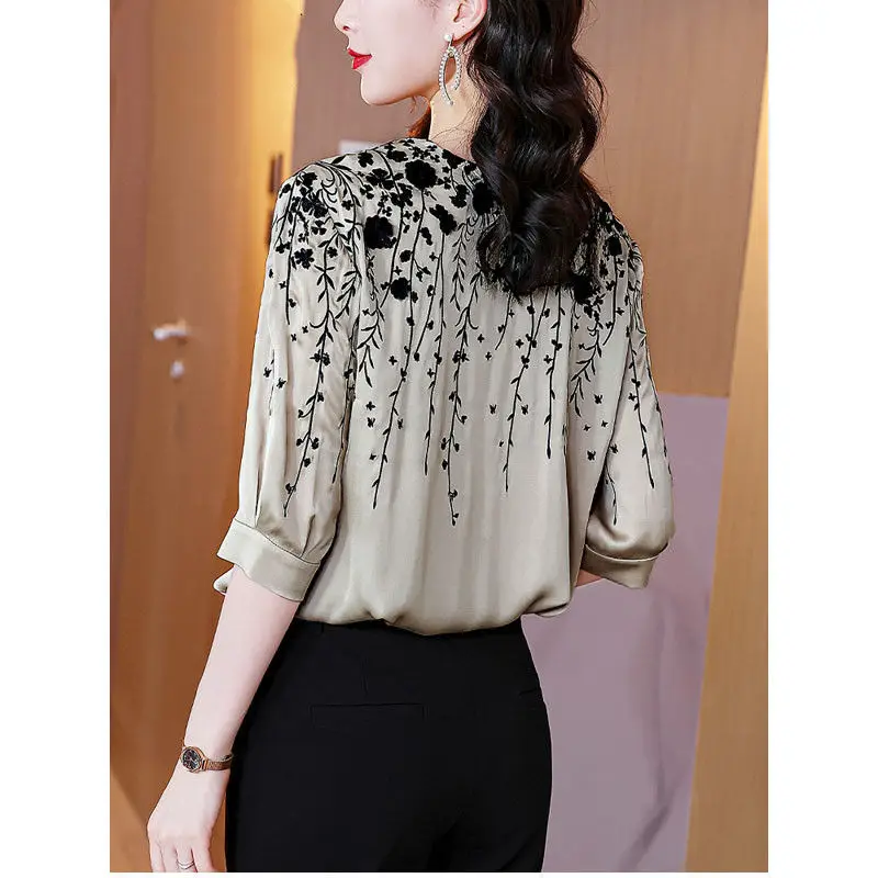 Vintage Elegante Frauen Silk Satin Blusen Oansatz Halbe Hülse Weiblichen Sommer Neue Mode Druck Lose Beiläufige Pullover Hemd 2022