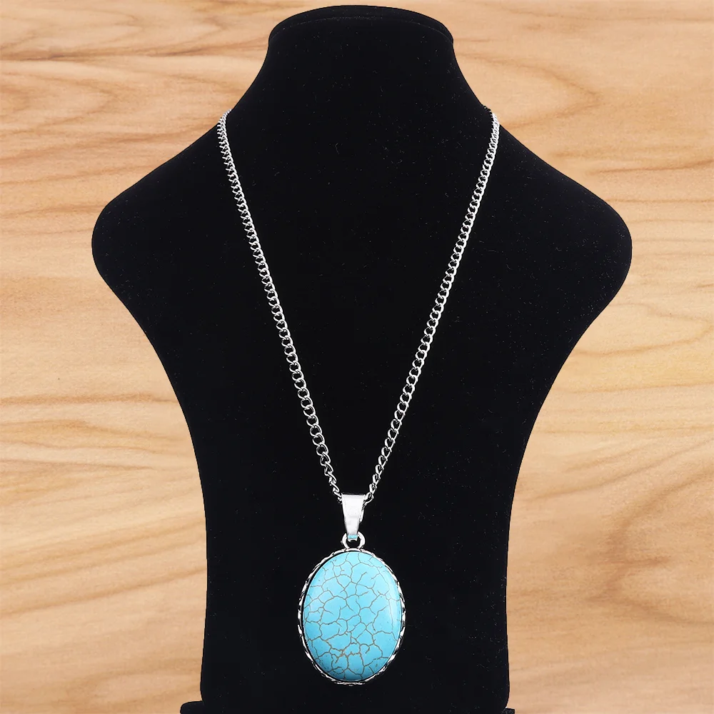 Oval Shape with Faux Turquoise Stone Charms Pendants on Long Chain Necklace Lagenlook 34 Inches for Jewellery Women Men Gift