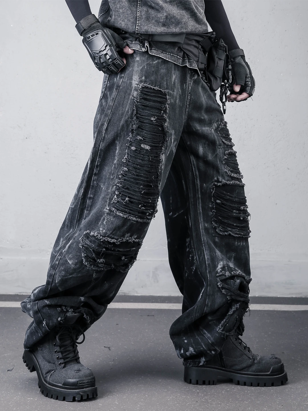 American Washed Vintage Knife  Jeans Men's Loose Wide Leg Long Pants Destructed Painted Hole Spring Summer Casual Jeans