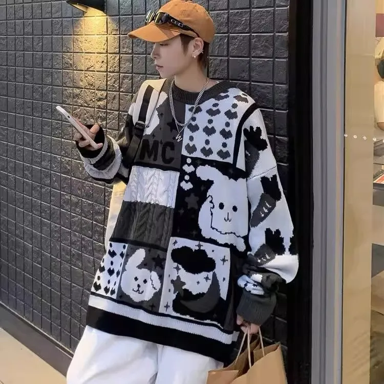 

Faionable Oversized 300 Pou Loose Color Blo Men's Sweater round Ne Knitted Casual Autumn Winter Hong Kong Sle Retro