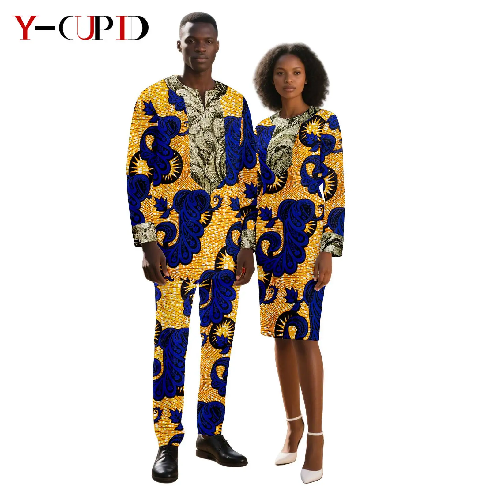 

African Knee-length Print Dresses for Women Matching Couple Clothes Men Outfits Dashiki Long Top and Pant Sets Wedding 25C055