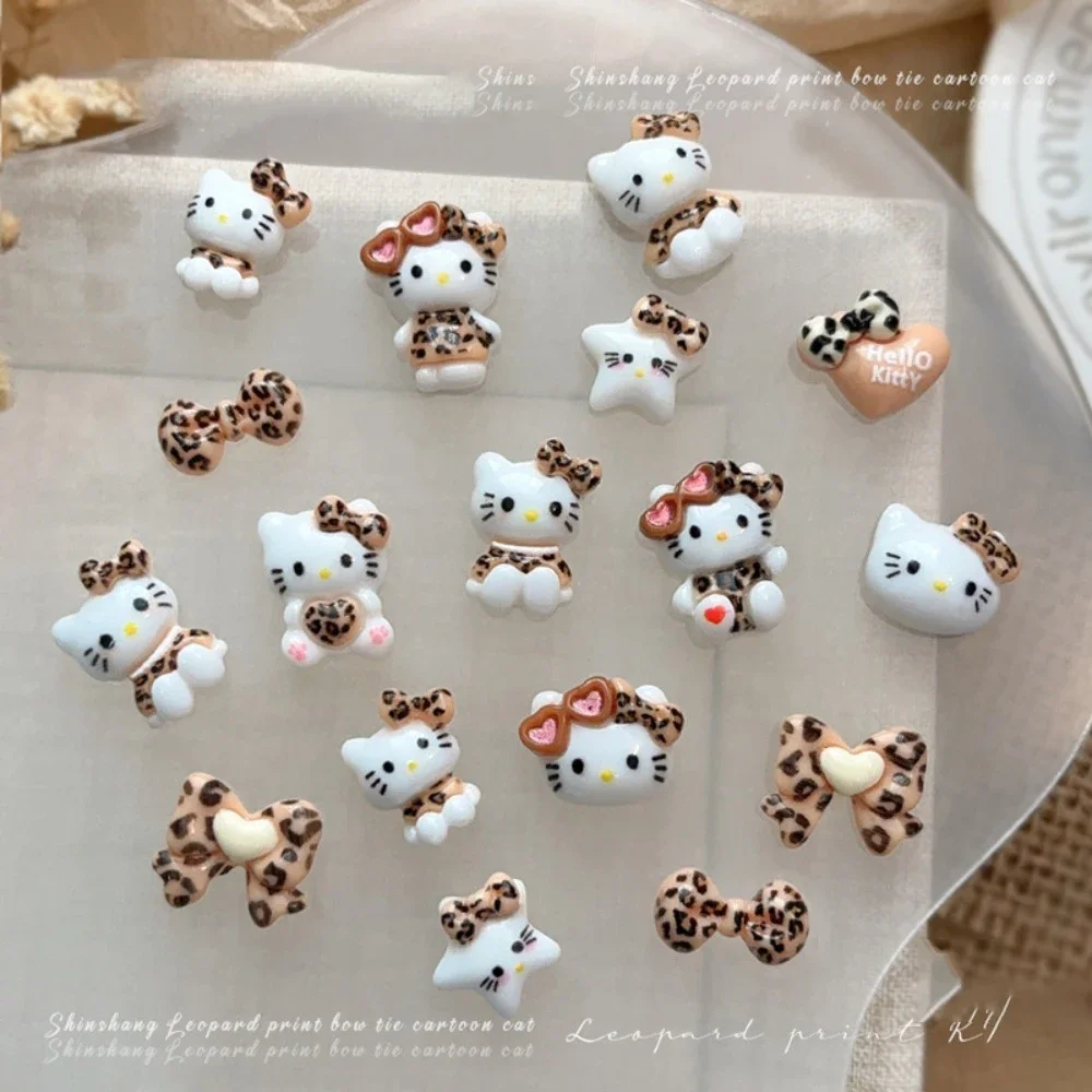 

5pcs Sanrio Hello Kitty Anime Peripheral Cartoon Cute Resin Leopard Print Fake Nails DIY Attachment Decoration Festivals Gift