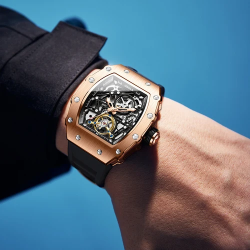 Imagen 2 del producto Reloj de lujo a la moda para hombre ONOLA, timón calado, volante, relojes mecánicos completamente automáticos de silicona resistentes al agua
