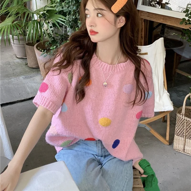 

Short Sleeve Pullovers Women Dot Loose Casual Knitted Tops Sweet Spring Ins All-match Tender Stylish Sweaters Girlish Youthful
