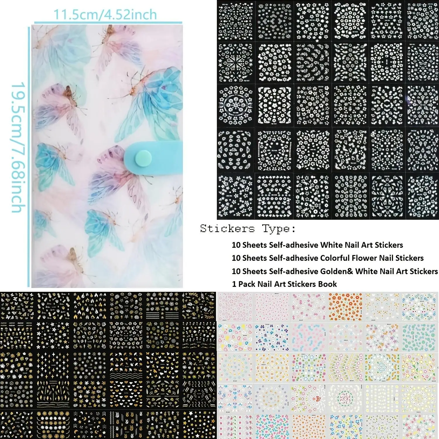 30 Sheets Nail Art Stickers & 1pc Storage Book,3D Self-Adhesive White Floral Nail Stickers Designs  for DIY Manicure Decorations
