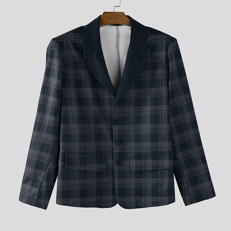 

INCERUN мужской клетчатый пиджак с лацканами и длинными рукавами на пуговицах, повседневный мужской костюм, уличная одежда, элегантное модное тонкое пальто для отдыха, мужской пиджак 2025