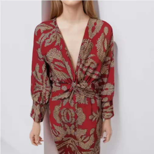 2024 Autumn New Women's Fashion Printed Sexy V-neck Casual Comfortable Nine Inch Sleeve Medium Length Dress For Women