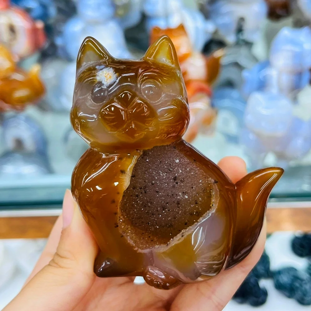 1PC Natural Geode Red Agate Cat Crystal Carving Gift Hand Carved Natural Agate Animal Crystal Healing Pendant Decor Gift