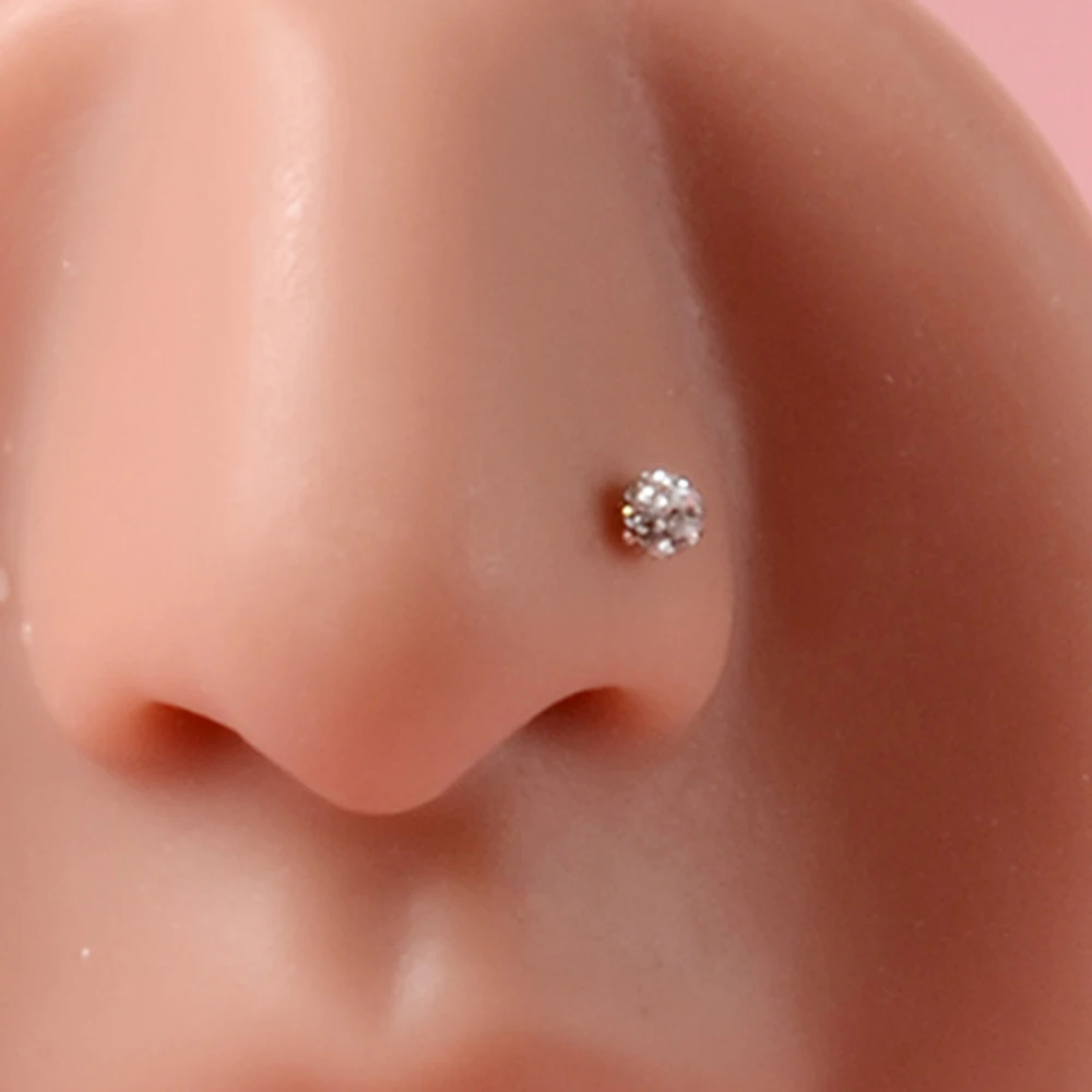 1PC Full Rhinestones Round Nose Stud L/S Shape Stainless Steel Nose Nail Nose Ring 0.8mm Piercing Colorful CZ Nose Ring