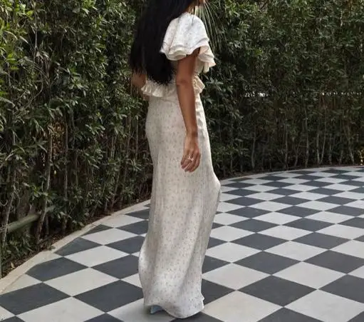 

Women's Clothing 2025 Summer New Style Sweet Fresh Print V-Neck Ruffled Sleeves High Waist Slimming One Step Skirt Long Skirt