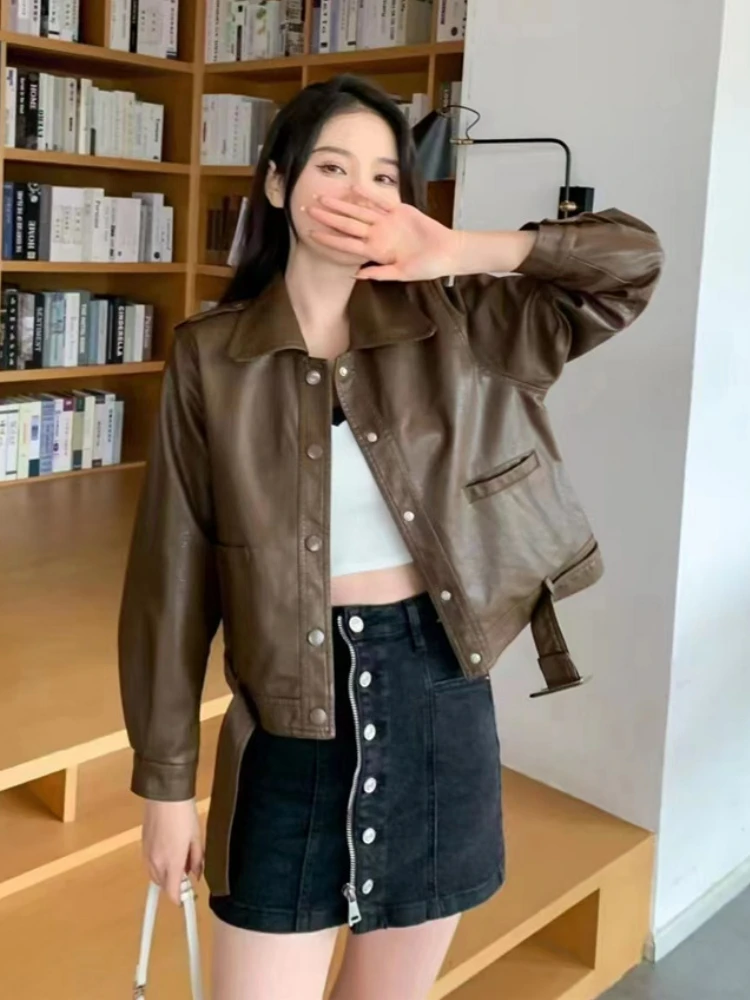 Winter Fashion Biker Cropped Leather Jackets Women Black Korean Loose Ladies Moto Jacket 2022 Autumn Outerwear Pockets Chic Tops