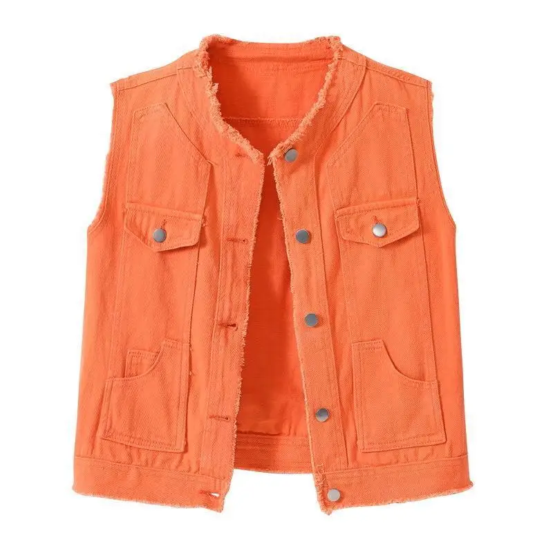 

Autumn Women Denim Vests Sleeveless Waistcoat Students Casual Sleeveless Tops Jeans Jackets Pink Yellow White Orange Green Tops