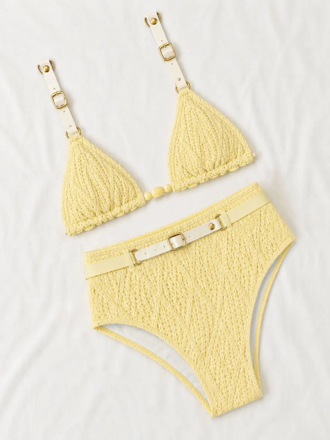 Elegant Knit Triangle Bikini Women Swimsuit Fashion Lady Leather Buckle Accents Biquini Swimwear Female High Waist Bathing Suit