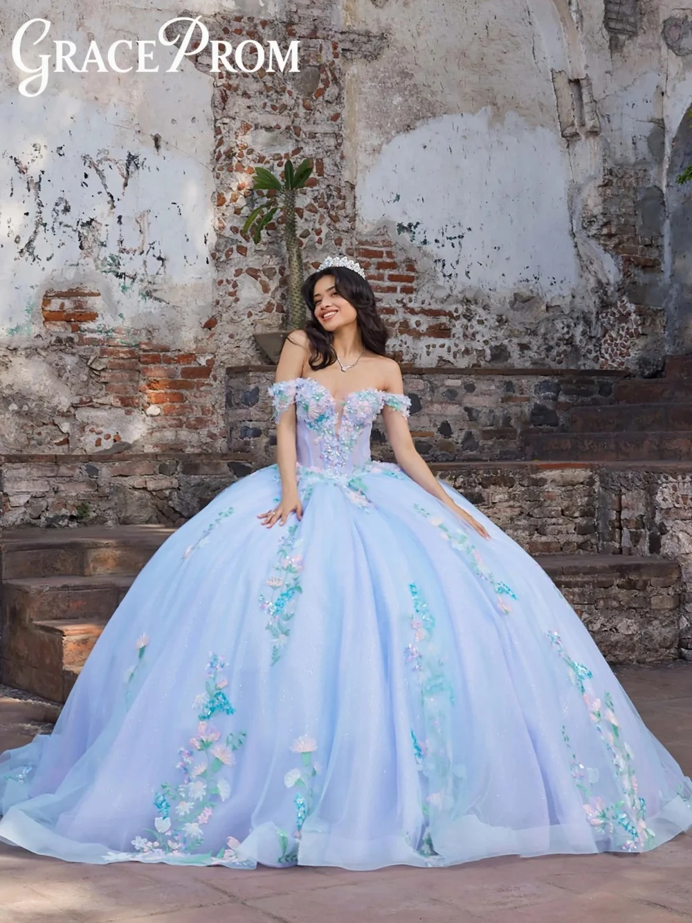 

Exquisite Light Blue Ball Gown Elegant Off The Shoulder Beaded Applique Quinceanera Dress Formal Sheer Vestidos De 15 Años