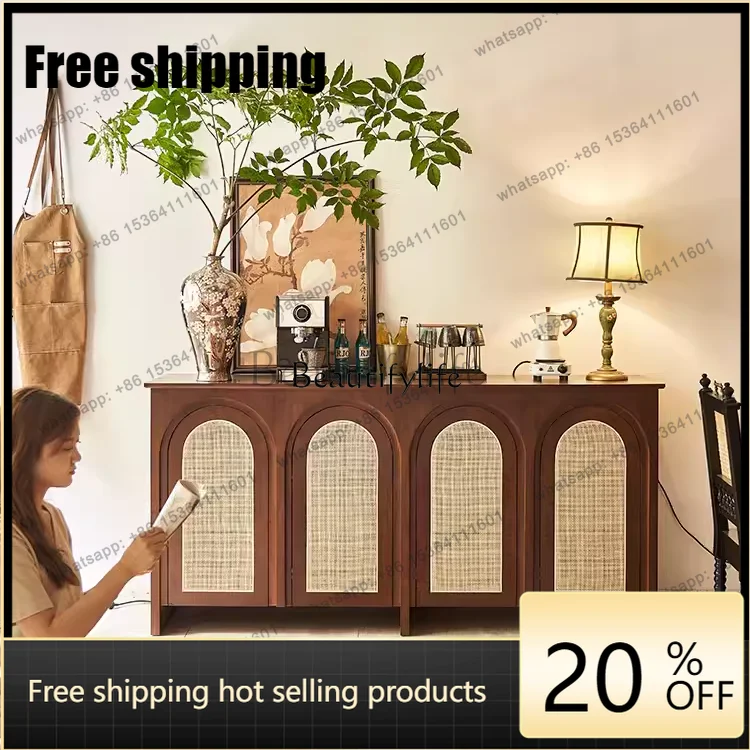 JJ  French Retro Solid Wood Tea Cabinet Rattan Household Storage Cabinet Arched Door