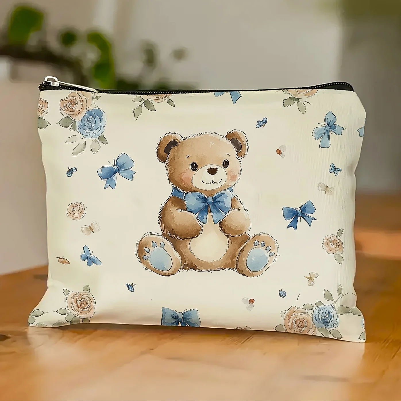 A Charming cartoon bear with floral blue bow makeup bag - multifunctional zipper pouch, jewelry storage bag, perfect travel zipp