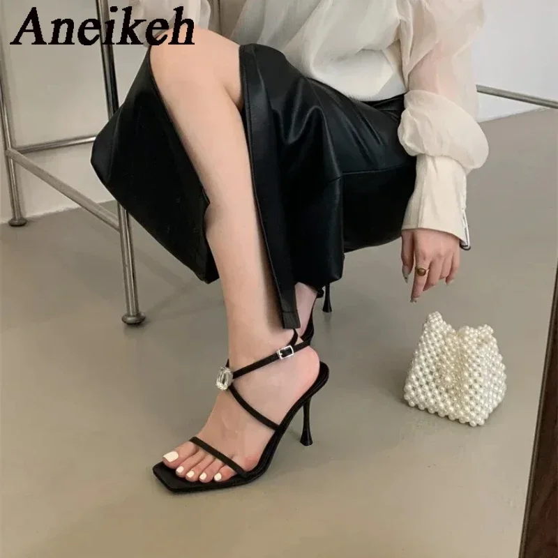 Aneikeh 2025 Roman Cross Water Diamond Square Head Open toed Sandals Thin Strip Metal Decoration High Heels Banquet Women Shoes