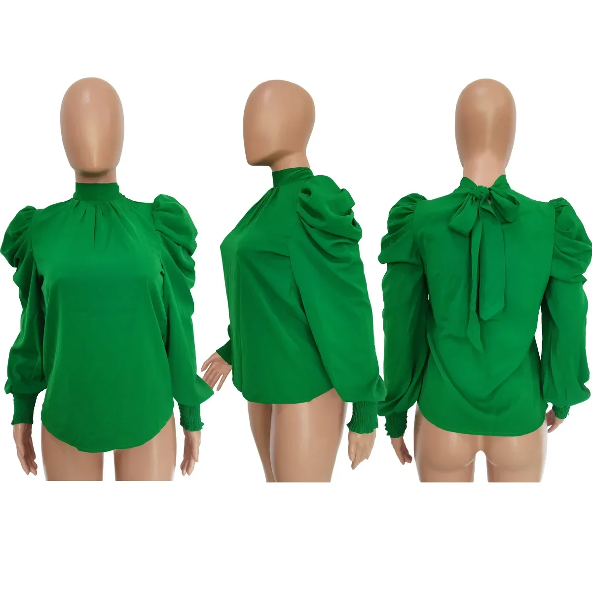 Prowow Women Shirts Back Bow Tops Clothes for Lady Solid Color Puff Long Sleeve Blouses Outfits Basic Female Blusas Mujer