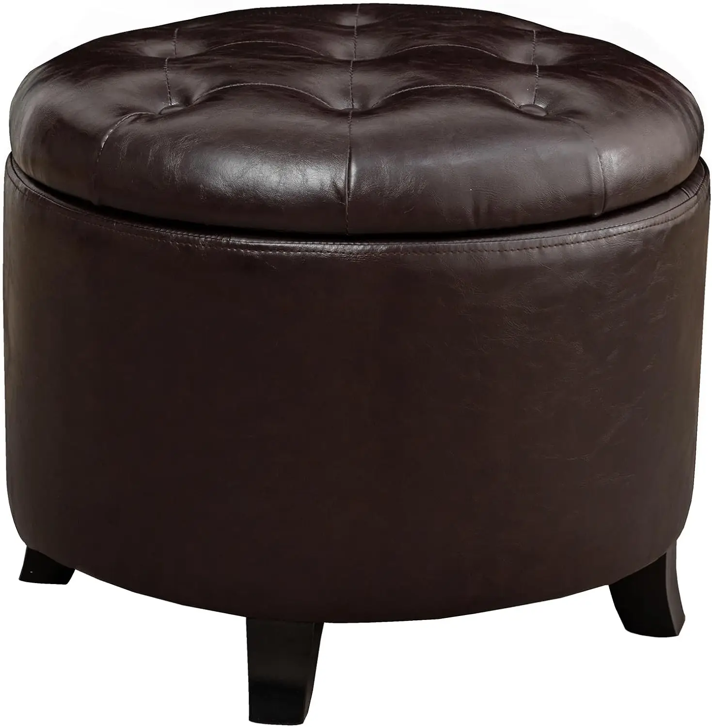 

Round Storage Ottoman with Removable Lid, Faux Leather Upholstery, Button Tufting and Solid Wood Feet for Living Room