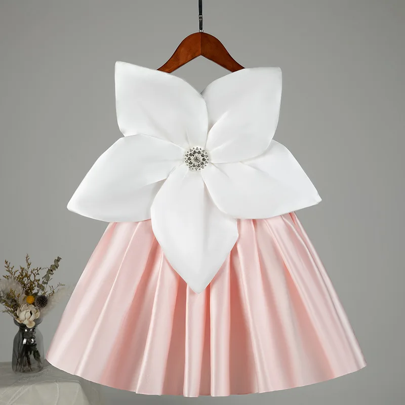 Simples rosa cetim grandes flores vestidos de festa de aniversário curto sem mangas vestidos da menina de flor para casamentos sagrada primeira comunhão