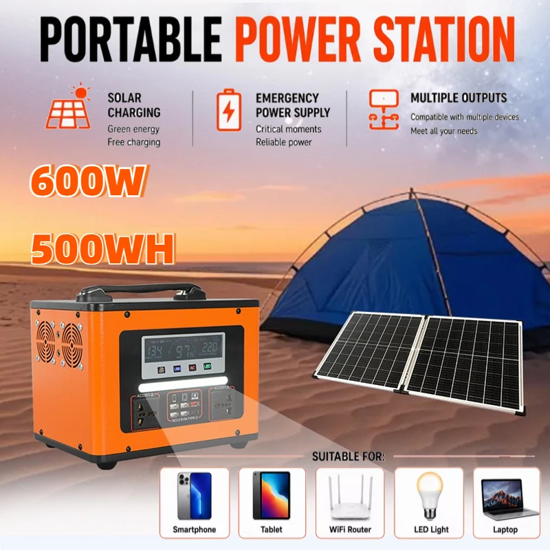 600W 220V Portable Power Station 500Wh Emergency Power Supply Solar Generator Power Bank for Outdoor Camping Fishing Home Backup