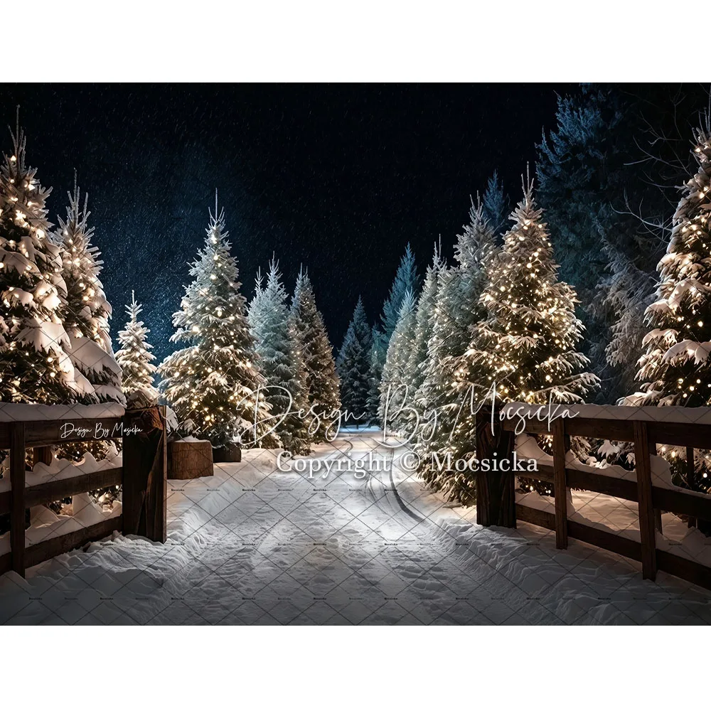 Mocsicka 3D Christmas Tree Night Scene Backdrop Photography Winter Snowy Cabin Background Family Kids Holiday Party Photo Shoot