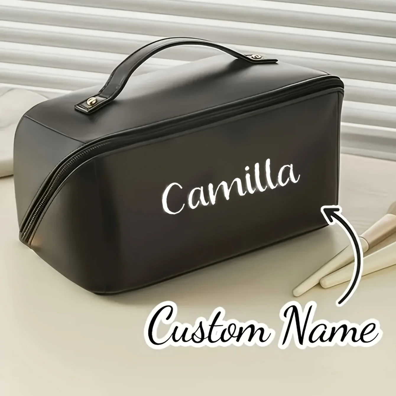 1 Personalized Travel Toiletry Bag - Custom Name Synthetic Leather Makeup Bag, Zippered Cosmetic Pouch, Portable PU Cosmetic