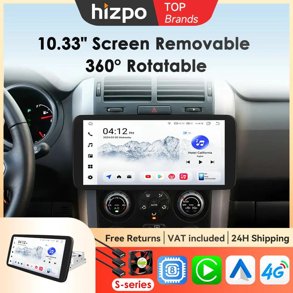 Hizpo Android 14 Auto-Stereoanlage Video-Multimedia-Radio-Player 10,33 Zoll Universal-Stereoanlage GPS WLAN Drehbarer Touchscreen 8G 128G