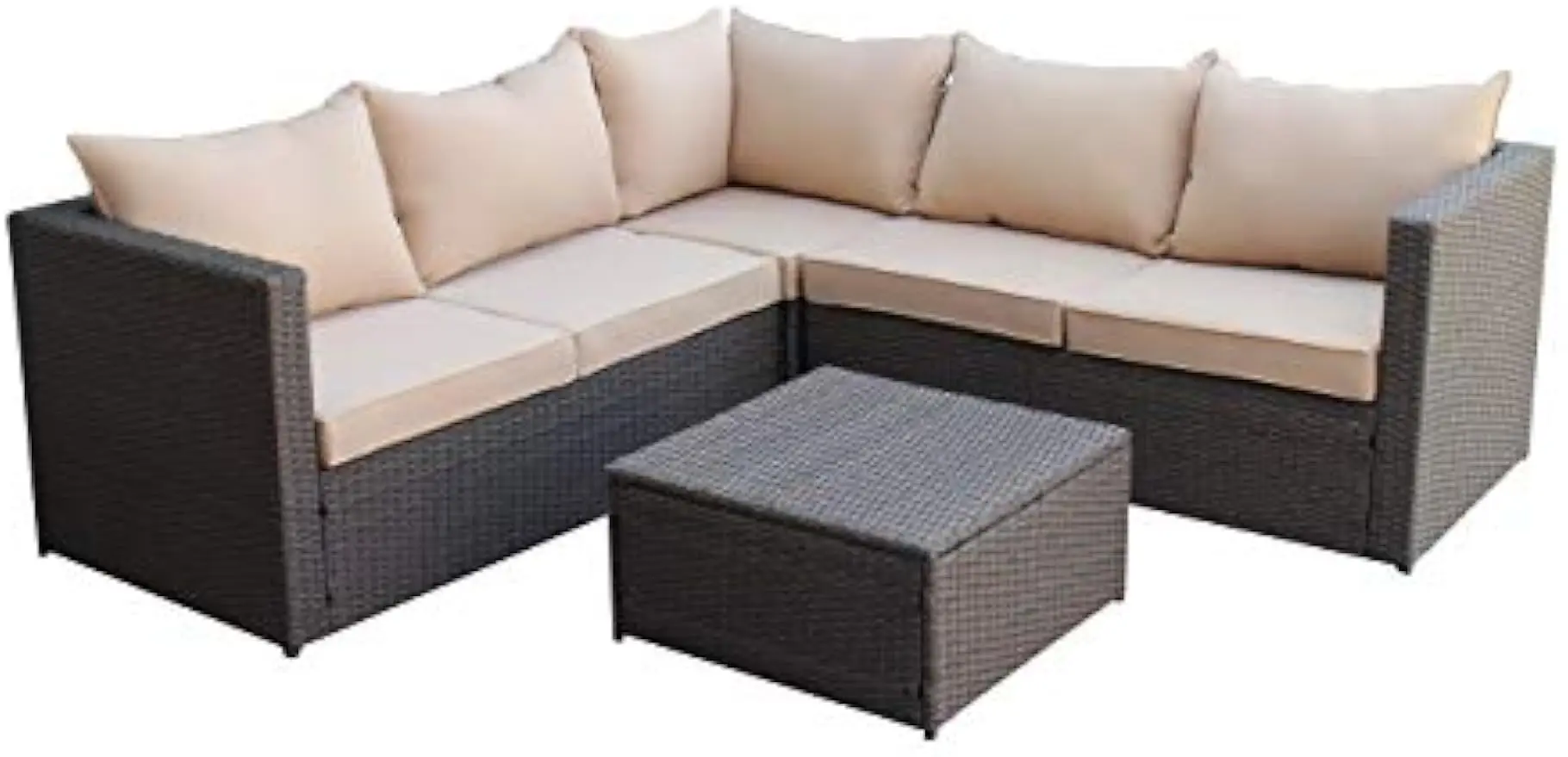 Taupe Large Outdoor Patio 4 Piece Modern Brown Rattan Wicker Sectional Sofa Cushions-with Coffee Table/Ottoman