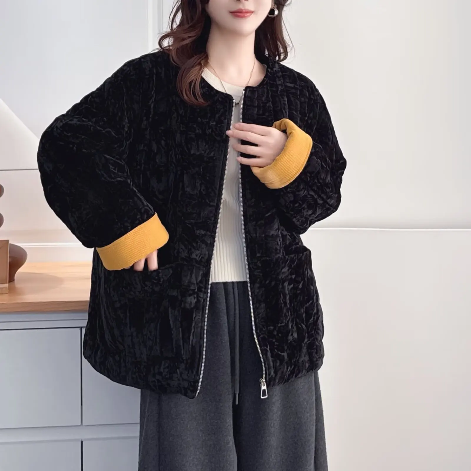 XXXXL موضة حجم كبير المرأة سترات الشتاء Pleuche اللون منعت الصوف الدافئة ياقة معطف عادية وسادة مبطنة 555 #1