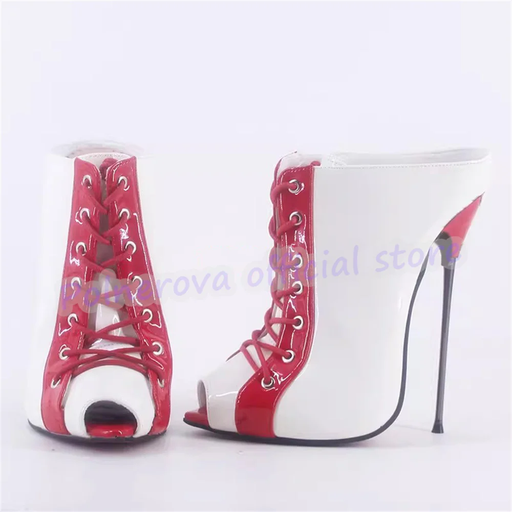 

Fashion Mixed Color Peep Toe Super High Heel Pumps Women Lace-up Metal Stiletto Summer Sandals Large size Pole Dance Dress Shoes